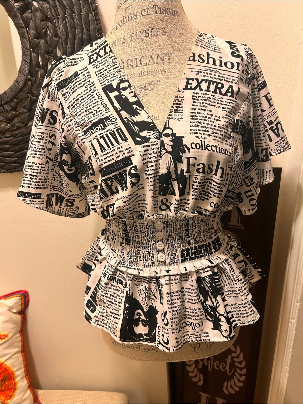 Newspaper Print Peplum V-Neck Top in Black & White